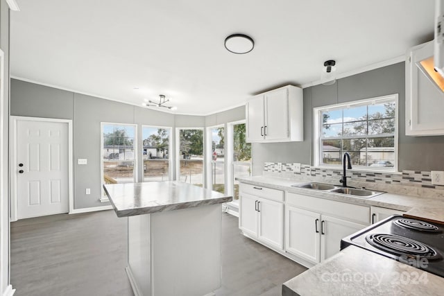 kitchen with tasteful backsplash, wood-type flooring, a kitchen island, sink, and white cabinets