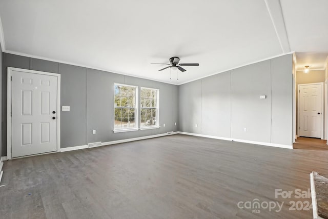 unfurnished living room with ornamental molding, hardwood / wood-style floors, and ceiling fan