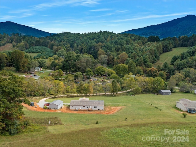 birds eye view of property featuring a mountain view and a rural view