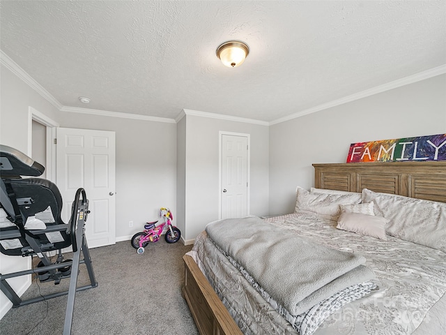 carpeted bedroom featuring a textured ceiling and crown molding