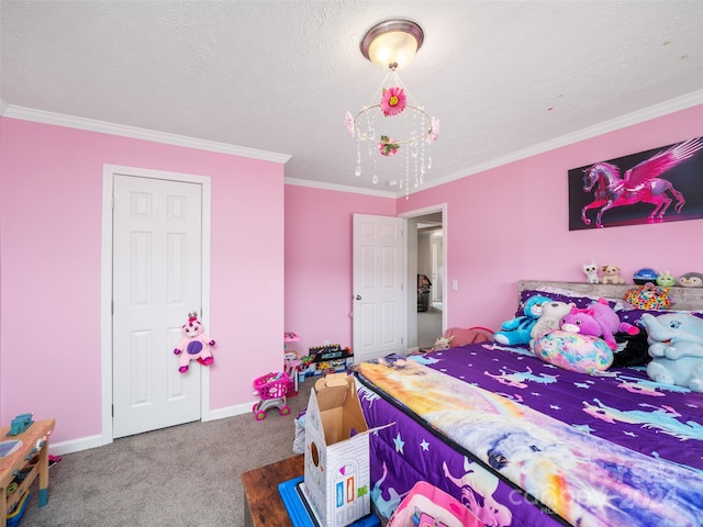 carpeted bedroom featuring a textured ceiling and crown molding