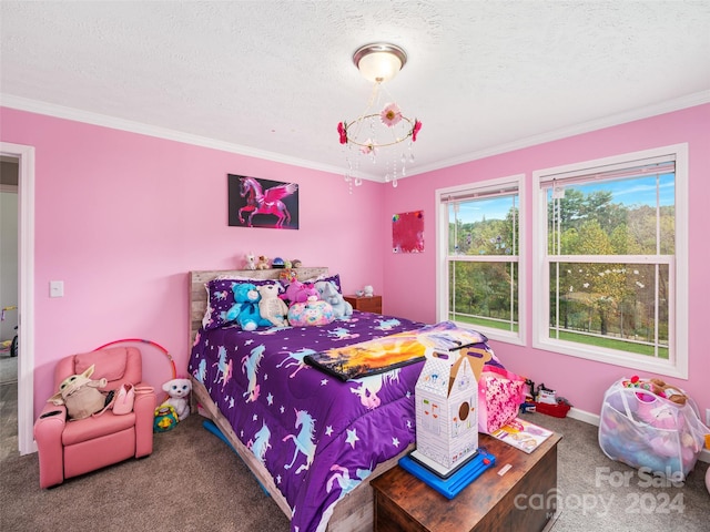 bedroom with a textured ceiling, ornamental molding, and carpet