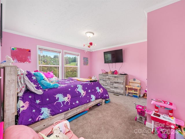 carpeted bedroom with a textured ceiling and ornamental molding