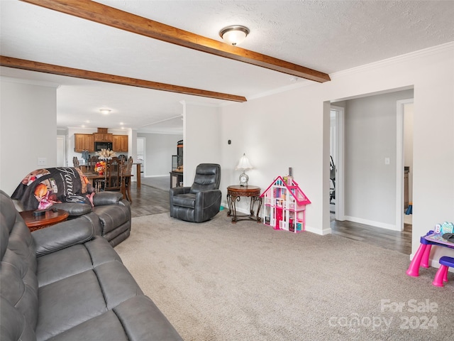 living room featuring a textured ceiling, crown molding, beamed ceiling, and carpet floors