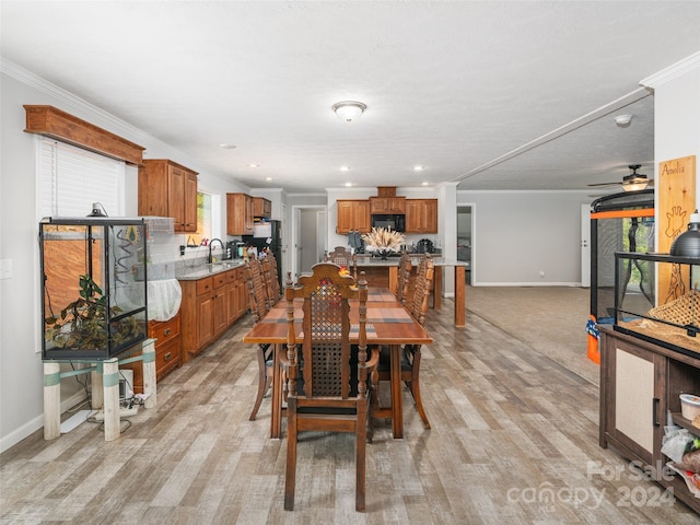 dining room featuring ceiling fan, light wood-type flooring, crown molding, and sink