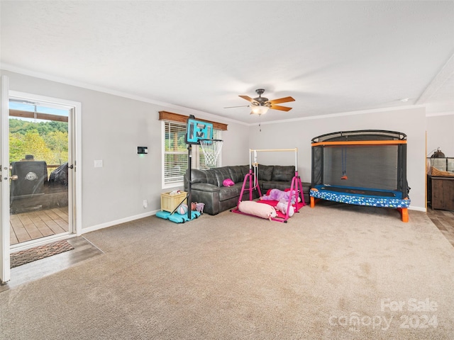 carpeted bedroom featuring crown molding, ceiling fan, and access to exterior