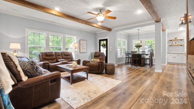 living room featuring light hardwood / wood-style flooring, a wealth of natural light, and beamed ceiling