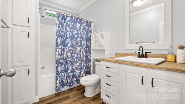 full bathroom with vanity, toilet, crown molding, hardwood / wood-style floors, and shower / tub combo with curtain