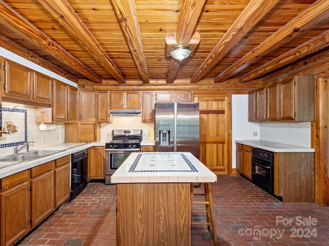 kitchen featuring wood ceiling, backsplash, black appliances, a center island, and sink