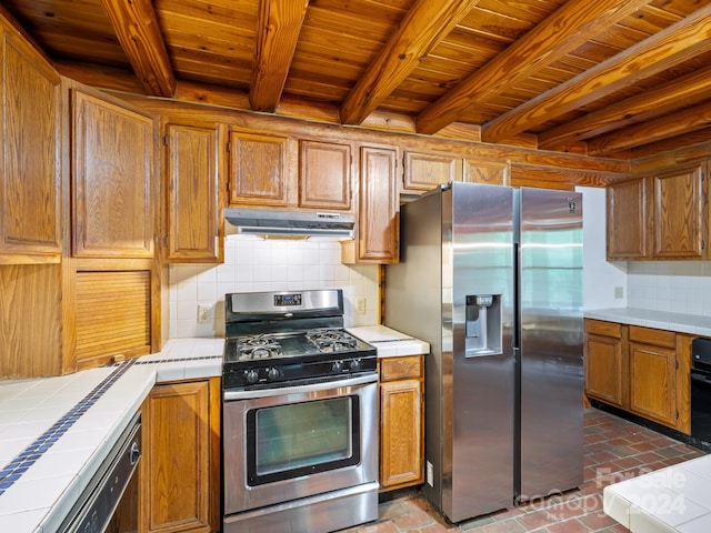 kitchen featuring wooden ceiling, tasteful backsplash, stainless steel appliances, and tile countertops