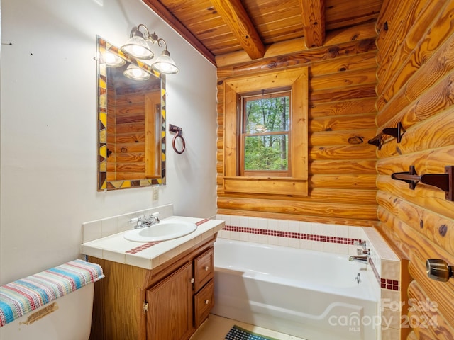 bathroom featuring wood ceiling, a bathtub, beam ceiling, rustic walls, and vanity