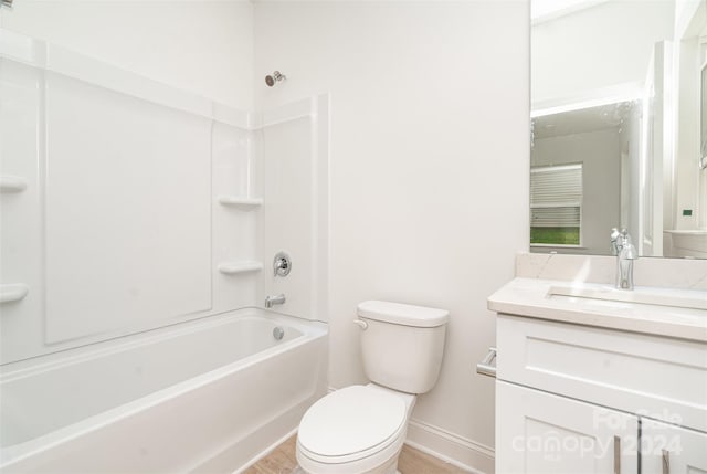 full bathroom with toilet, bathtub / shower combination, vanity, and wood-type flooring