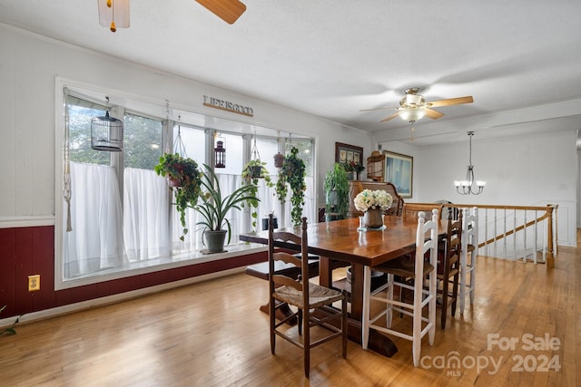 dining space with a textured ceiling, light hardwood / wood-style floors, and ceiling fan with notable chandelier