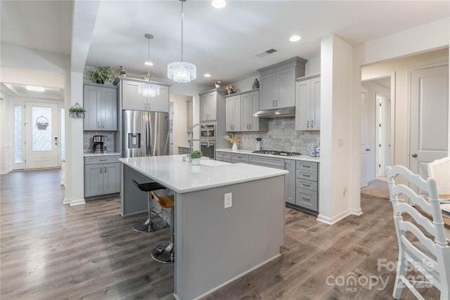 kitchen with stainless steel appliances, hanging light fixtures, backsplash, a breakfast bar, and a center island with sink