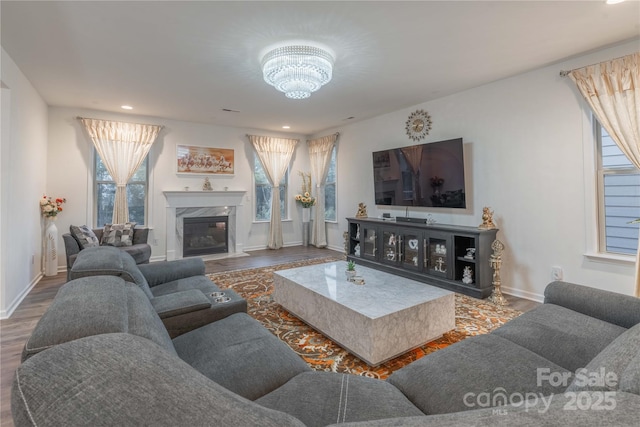 living room with a chandelier, a fireplace, and wood-type flooring