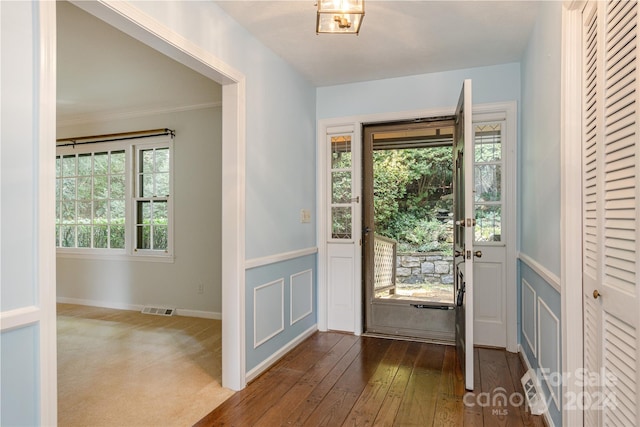 foyer entrance featuring plenty of natural light, hardwood / wood-style floors, and ornamental molding