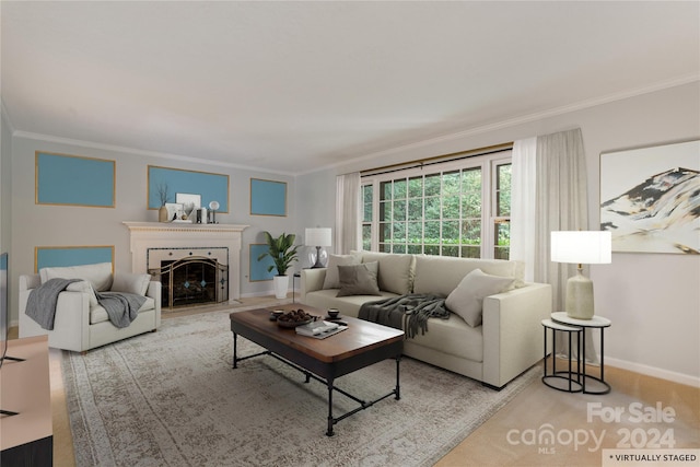 living room featuring carpet and ornamental molding