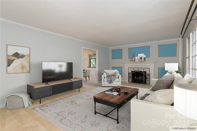 carpeted living room featuring ornamental molding