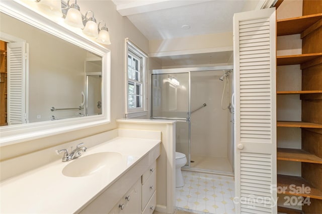 bathroom with vanity, toilet, and walk in shower