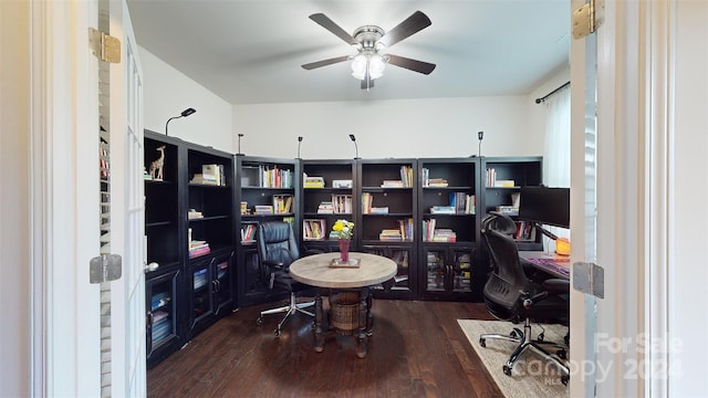 home office featuring dark hardwood / wood-style floors and ceiling fan