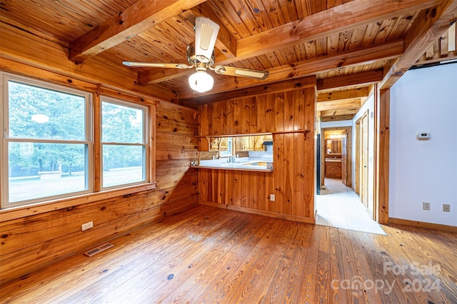 interior space featuring ceiling fan, beamed ceiling, wooden walls, and light hardwood / wood-style flooring