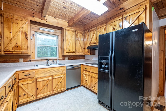 kitchen featuring sink, beam ceiling, wooden walls, black appliances, and wooden ceiling