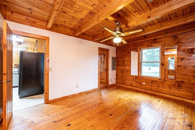 spare room featuring electric panel, beam ceiling, wood walls, light hardwood / wood-style flooring, and ceiling fan