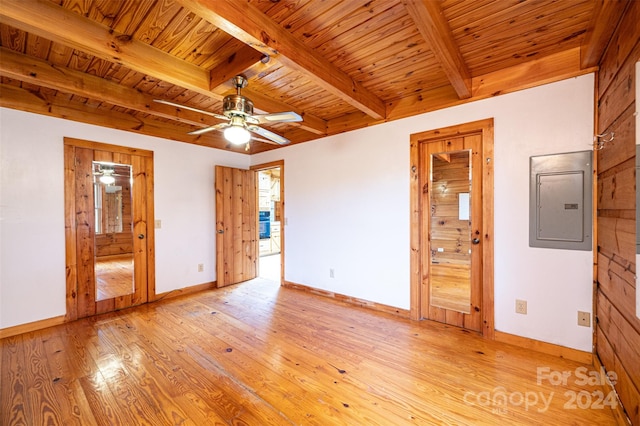 spare room featuring ceiling fan, electric panel, wood ceiling, beam ceiling, and light hardwood / wood-style flooring