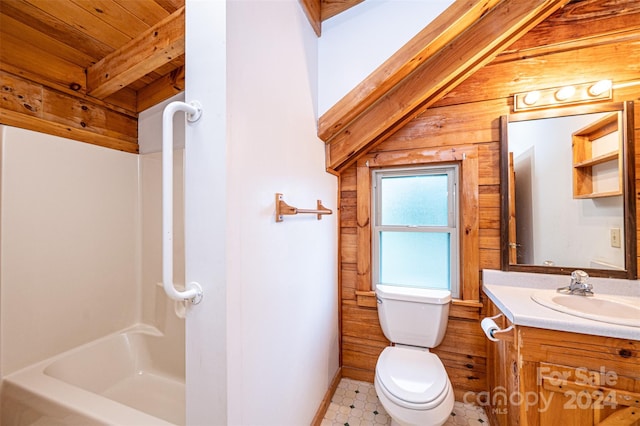 bathroom with vanity, lofted ceiling, wood walls, wooden ceiling, and toilet