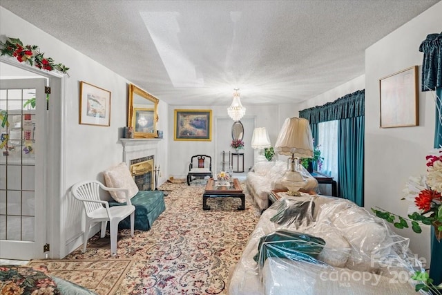 living room with a textured ceiling