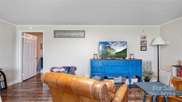 living room featuring crown molding and dark hardwood / wood-style flooring