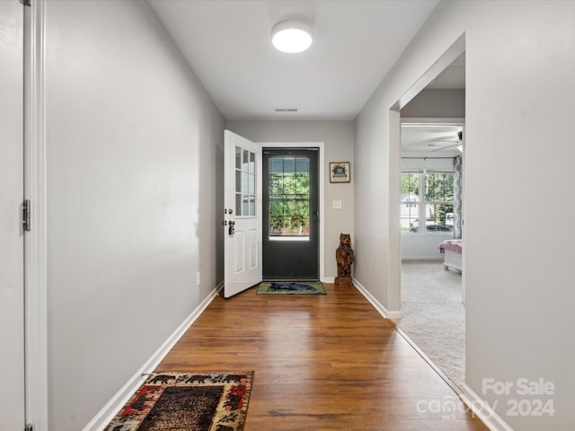 entrance foyer featuring ceiling fan and hardwood / wood-style floors