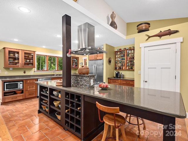 kitchen with appliances with stainless steel finishes, island exhaust hood, sink, and dark stone counters