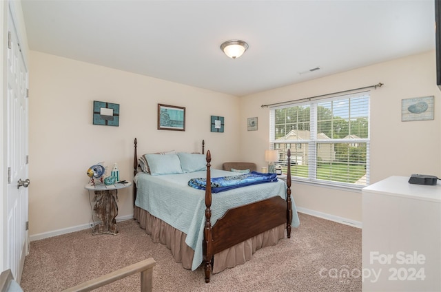 bedroom with light colored carpet