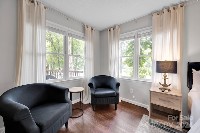 living area featuring a textured ceiling, dark hardwood / wood-style floors, and a healthy amount of sunlight