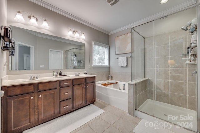 bathroom with crown molding, tile patterned flooring, vanity, and independent shower and bath