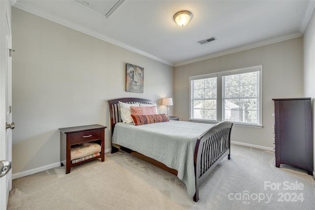 carpeted bedroom with crown molding