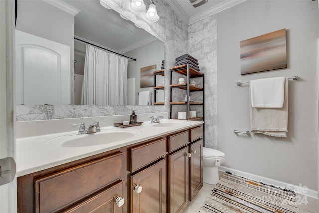 bathroom featuring toilet, tile patterned floors, ornamental molding, a shower with shower curtain, and vanity