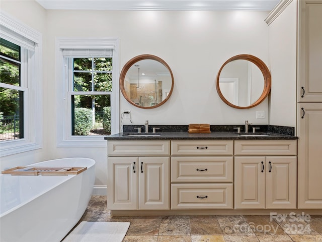 bathroom with vanity, a tub, ornamental molding, and a wealth of natural light