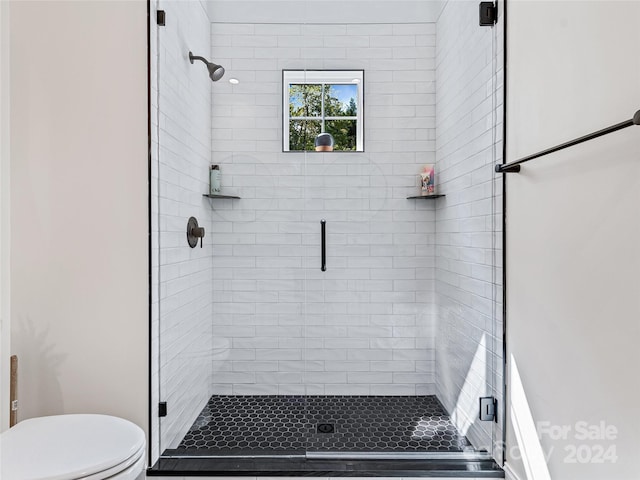 bathroom with toilet and a shower with door