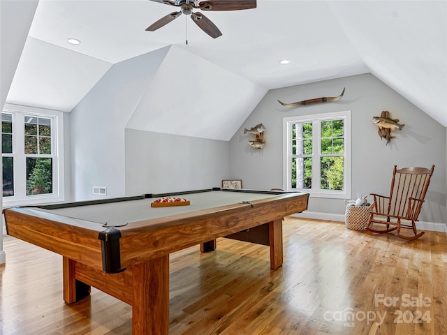 rec room featuring light hardwood / wood-style flooring, ceiling fan, billiards, and vaulted ceiling