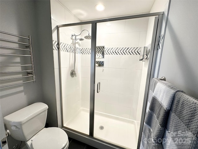 full bathroom featuring toilet and a shower stall