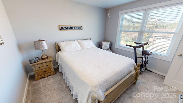 bedroom with light carpet, baseboards, and multiple windows
