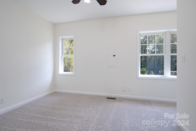 empty room with electric panel, carpet, and ceiling fan