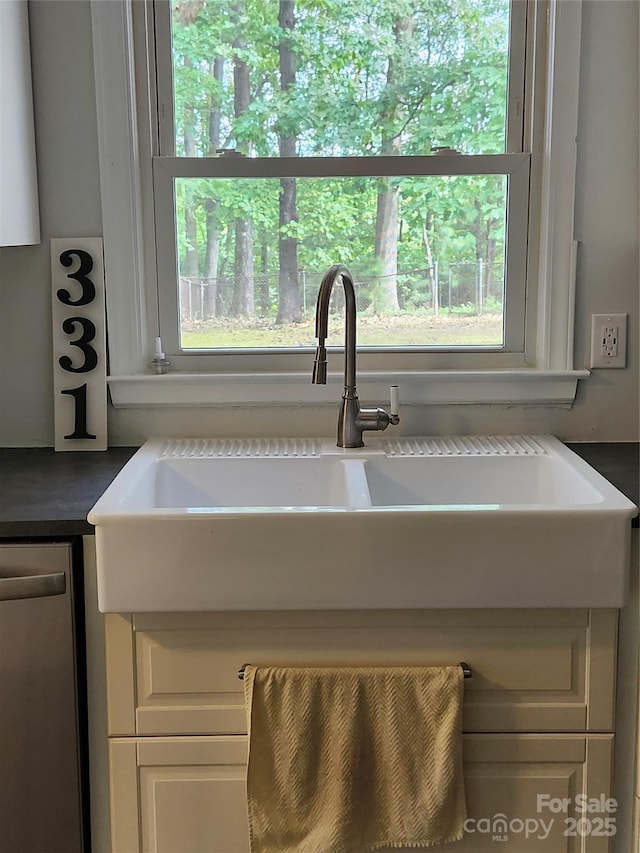 interior details with a sink, white cabinetry, and stainless steel dishwasher