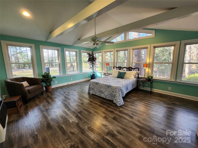 bedroom featuring vaulted ceiling, dark wood-style flooring, and baseboards