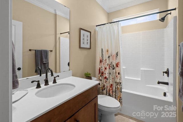 full bathroom featuring crown molding, shower / tub combo with curtain, vanity, and toilet