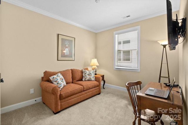 carpeted office with ornamental molding