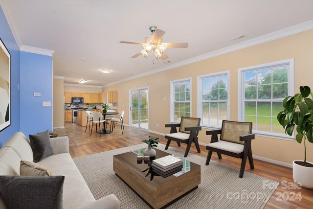 living room featuring light hardwood / wood-style floors, ceiling fan, and crown molding