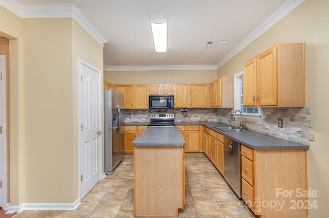 kitchen with ornamental molding, stainless steel appliances, sink, and a center island